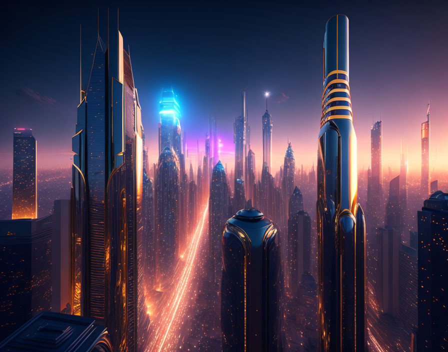 Futuristic cityscape: glowing neon lights, towering skyscrapers, bustling traffic.