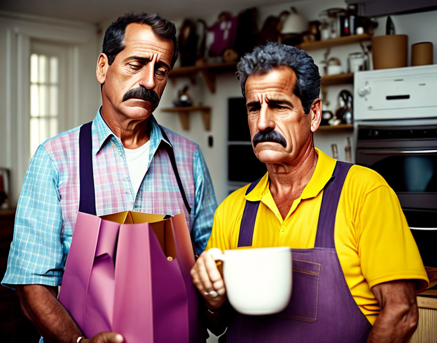 Two men with mustaches in kitchen with pink bag and white mug