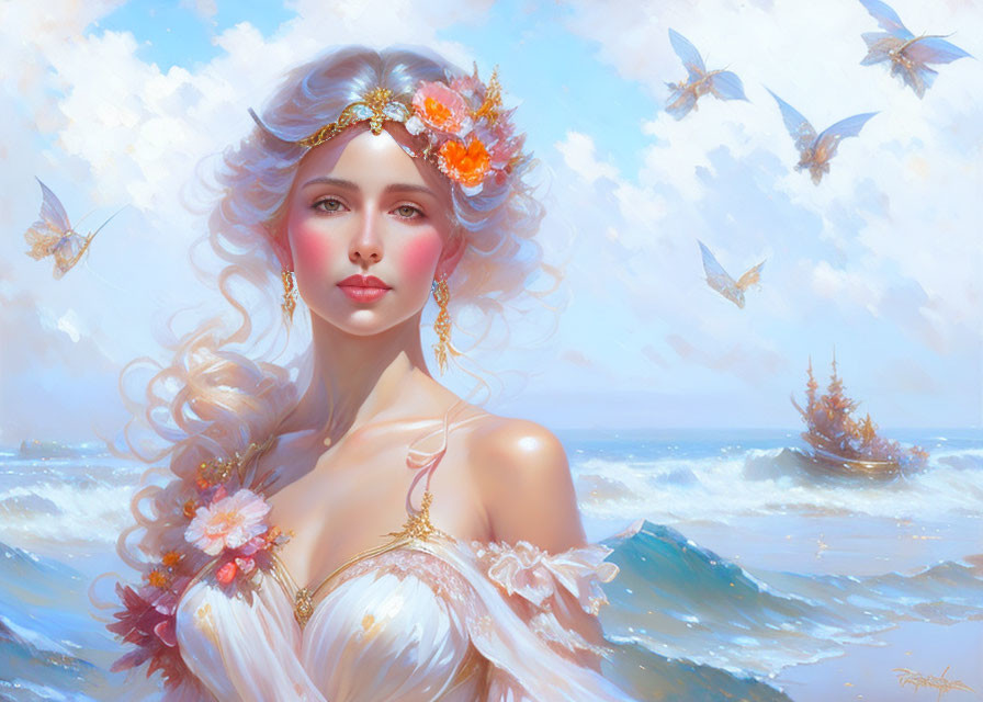 Woman with floral adornments and butterflies by ocean with ship