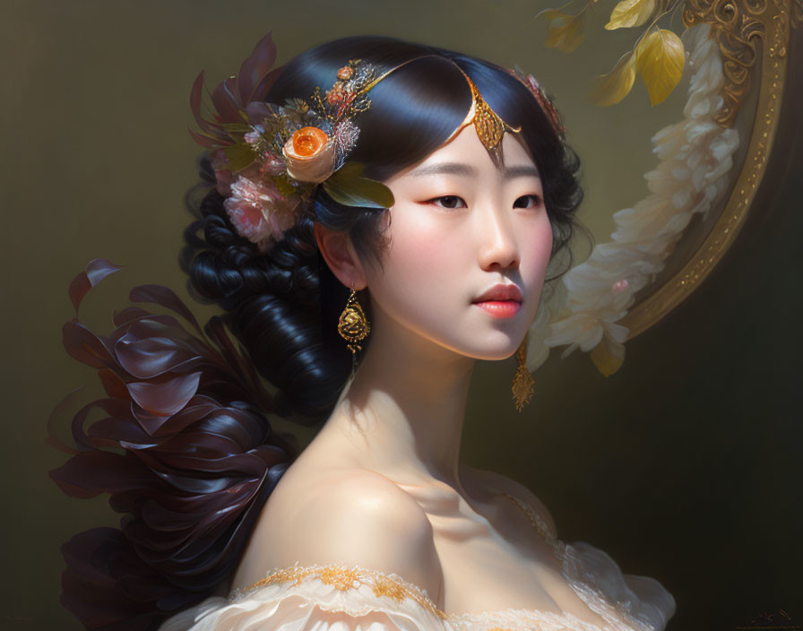 Portrait of woman with elaborate floral hairstyle gazing contemplatively.