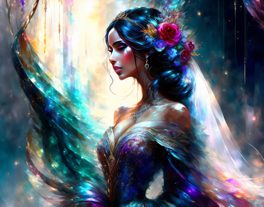 Ethereal woman with flowers in hair in cosmic gown.