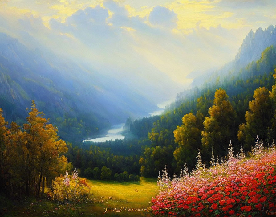 Serene valley landscape with river, lush forests, and colorful flora