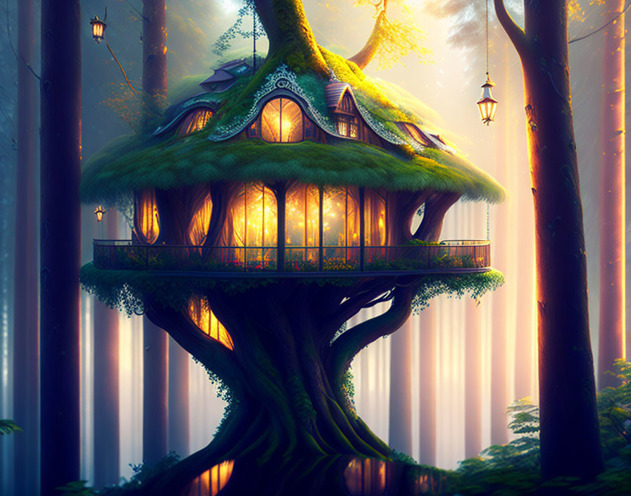 Glowing windows treehouse in misty forest with lanterns