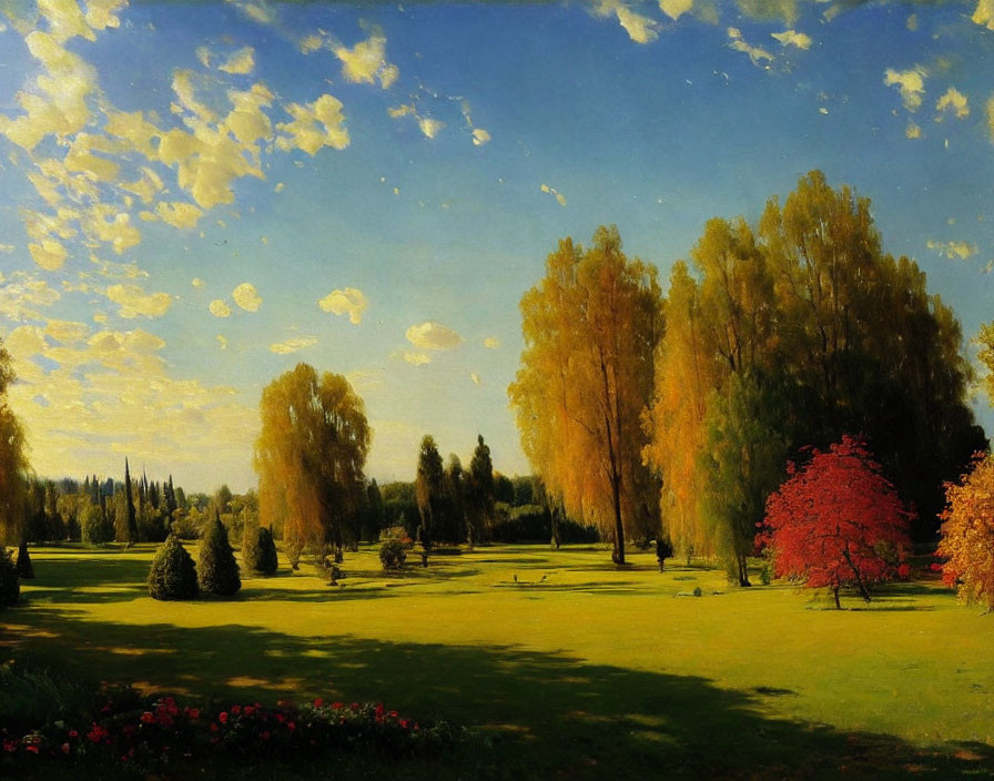 Tranquil autumn landscape with vibrant trees and blue sky