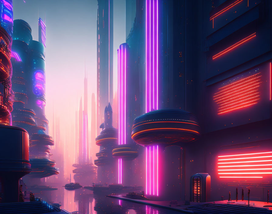 Neon-lit skyscrapers and flying vehicles in futuristic cityscape