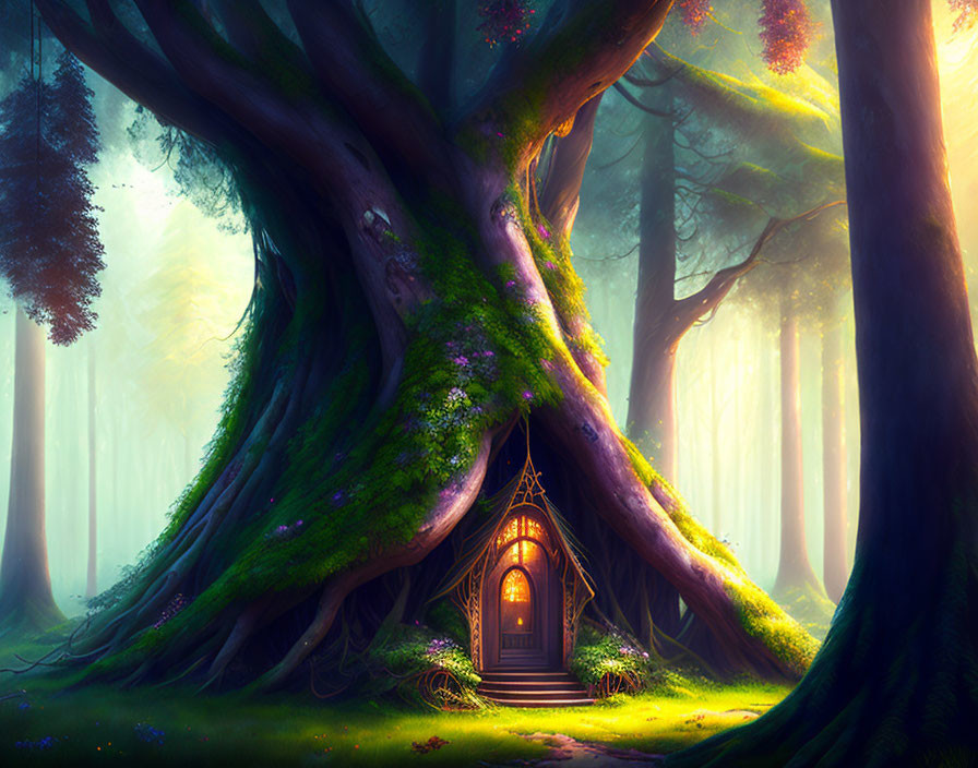 Enchanted forest scene with large tree, magical door, sunbeams, and vibrant flora