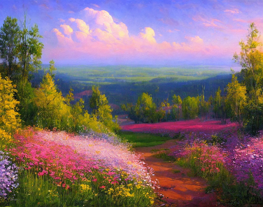 Colorful Flower Field Landscape Painting with Green Valley and Pastel Sky