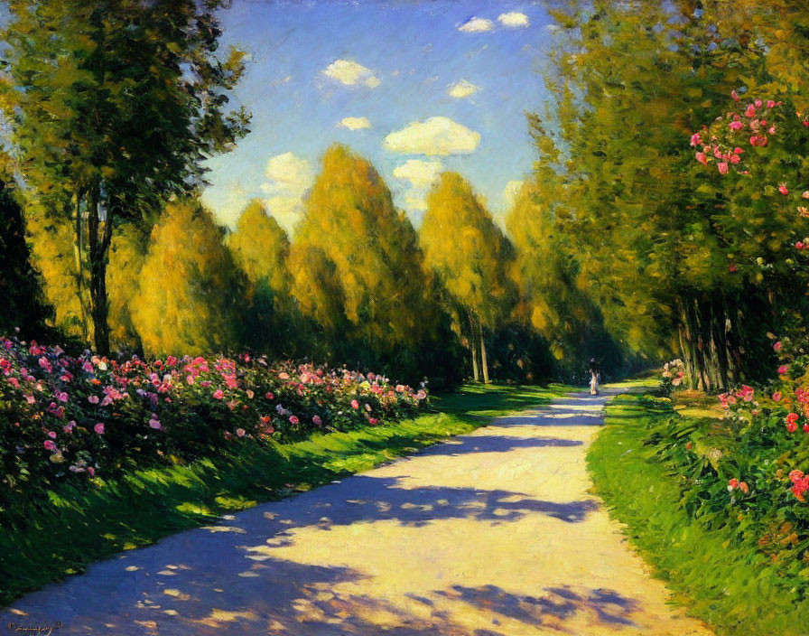 Sunlit Path with Trees and Flowers under Blue Sky