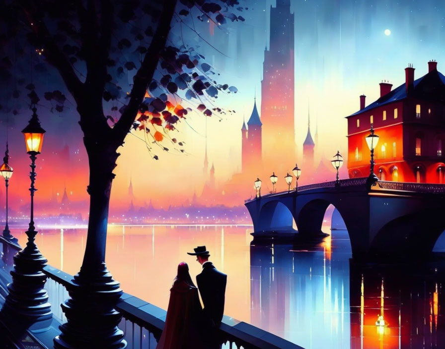 Vintage-clad couple in cityscape with river, bridge, and starry sky