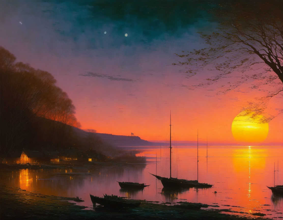 Tranquil sunset over calm lake with moored boats and starry sky