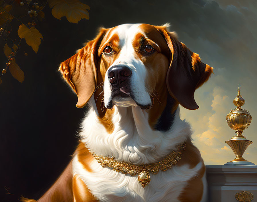 Regal Dog with Golden Necklace and Trophy in Leafy Setting