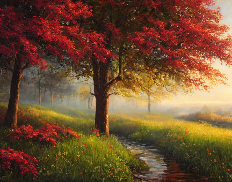 Tranquil landscape with red-leaved trees by a stream in misty golden meadow