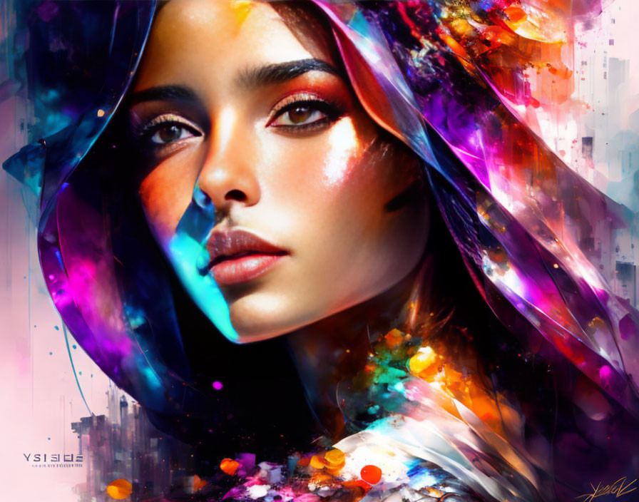 Vibrant digital portrait with colorful brush strokes and abstract elements