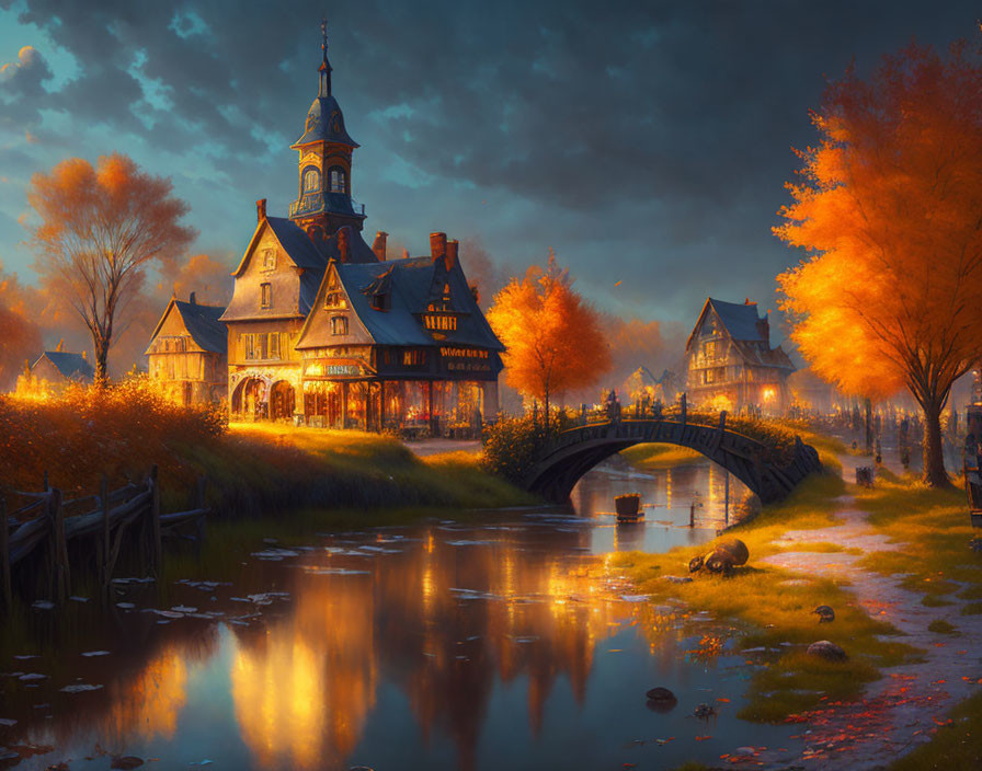 Victorian house in quaint village with autumn trees and reflective river