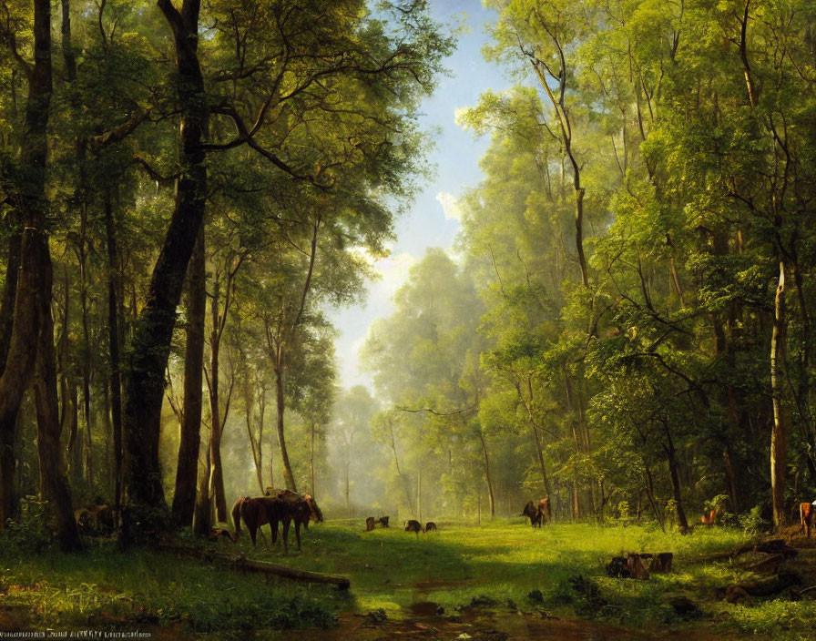 Tranquil forest clearing with grazing horses by a stream