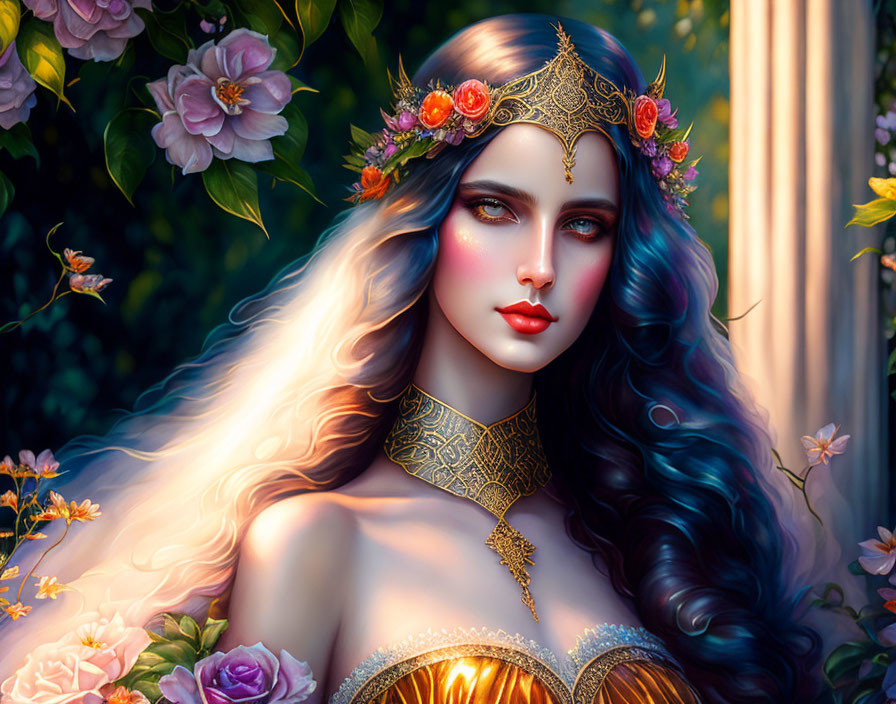 Mystical woman with flowing hair and floral crown in lush flower setting