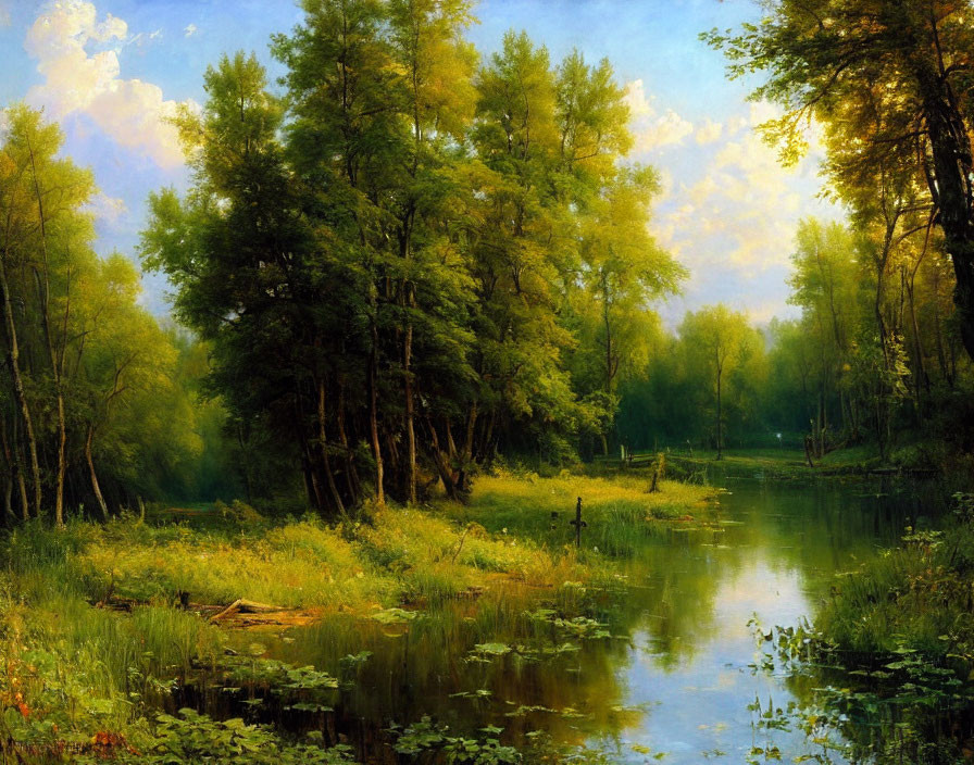 Serene forest landscape with green trees, river, and sunlight reflections