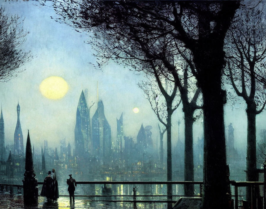 Futuristic cityscape painting with couple in twilight