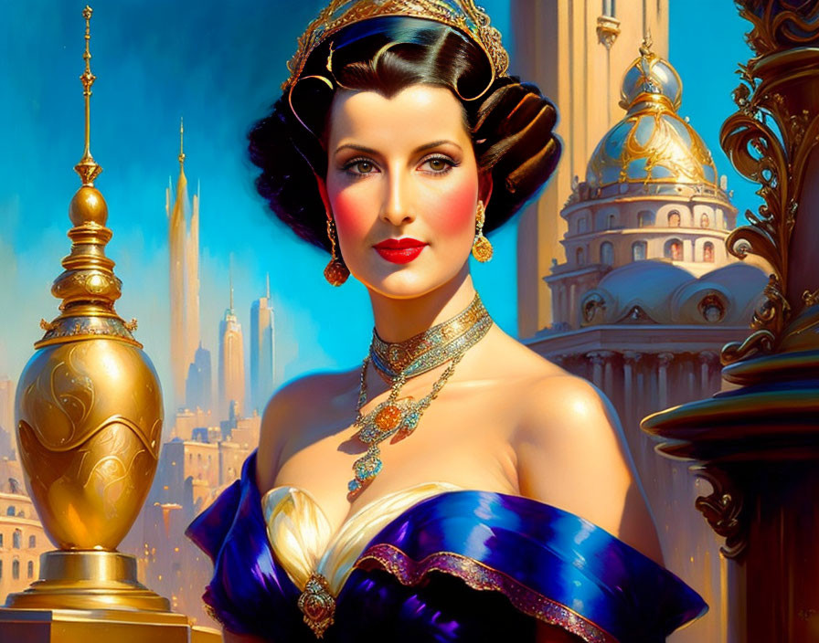 Woman in Blue Gown with Gold Adornments and Ornate Architecture