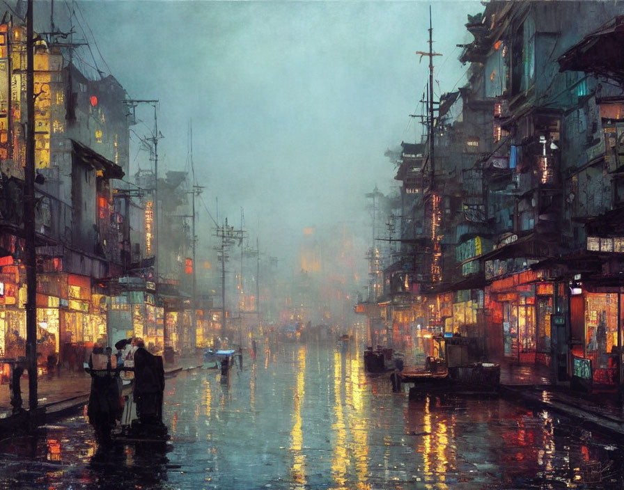 Twilight scene: Rain-soaked street, illuminated signs, traditional buildings, boat with figures