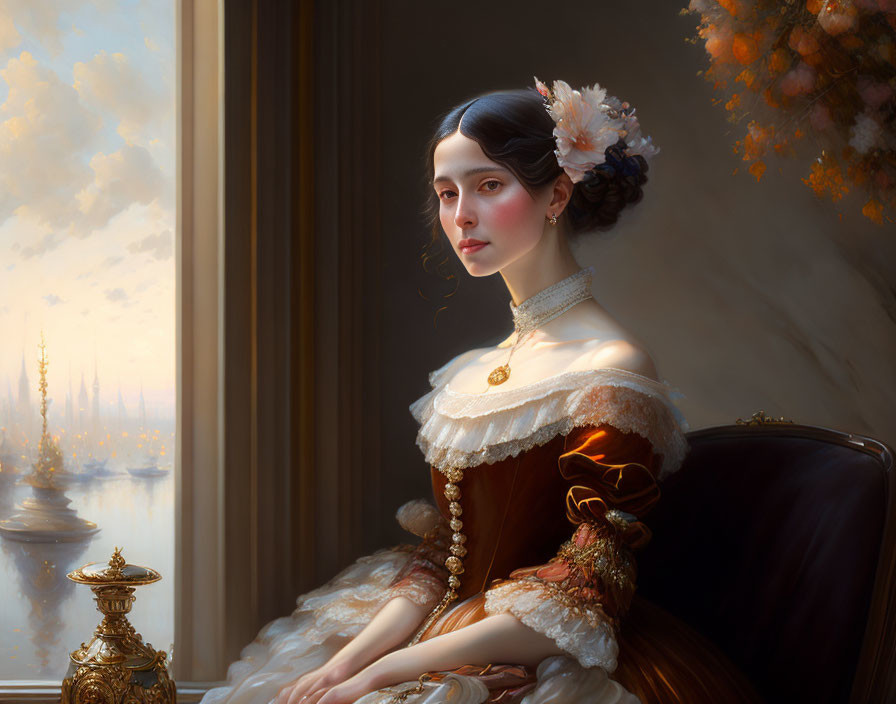 Classical portrait of woman in historical attire near window with golden sunset cityscape.