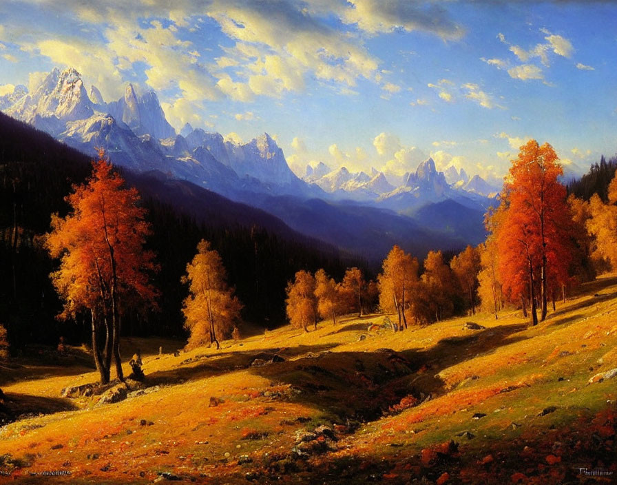 Vibrant autumn landscape with red and orange trees, mountain range, and blue sky