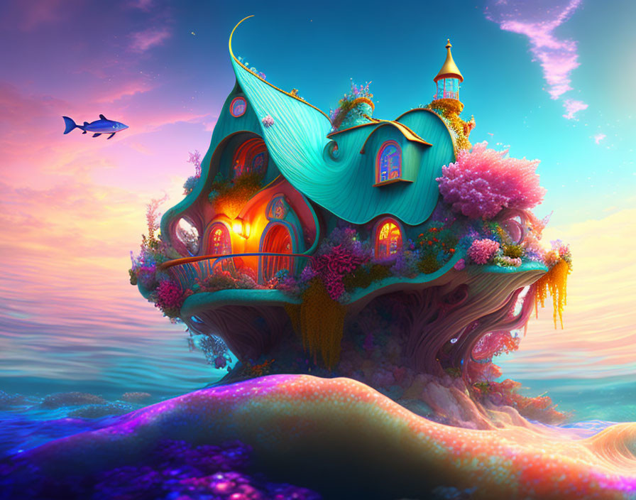 Whimsical house on vibrant floating island under sunset sky