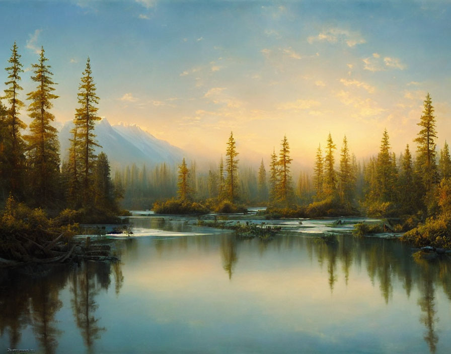 Serene landscape: Evergreen trees, mountains, calm waters at sunrise or sunset