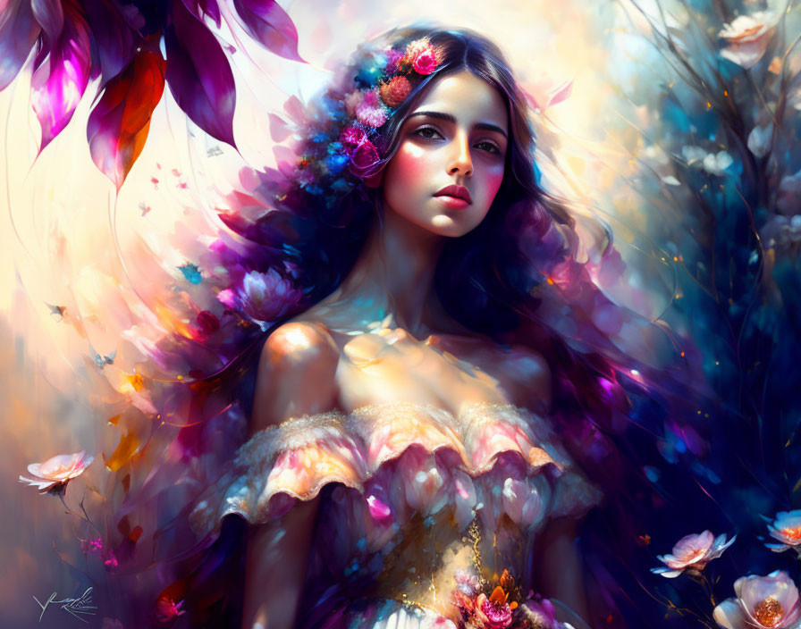 Digital artwork featuring woman with floral hair decorations in colorful, ethereal floral and light blend