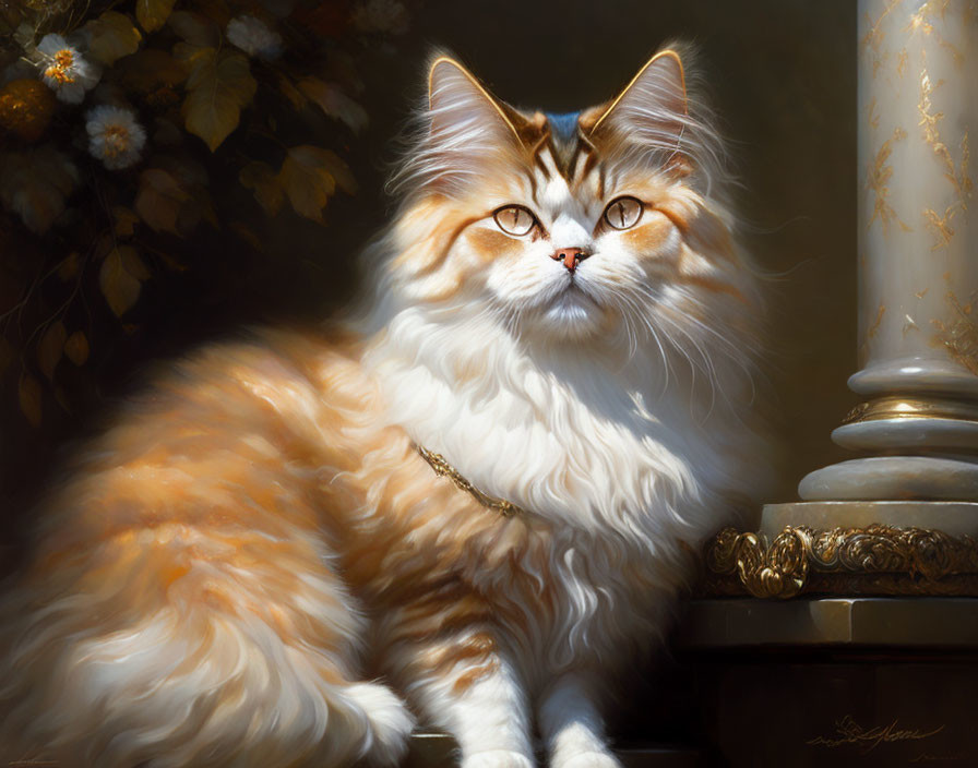 Regal long-haired cat with luxurious coat and striking markings beside classical column