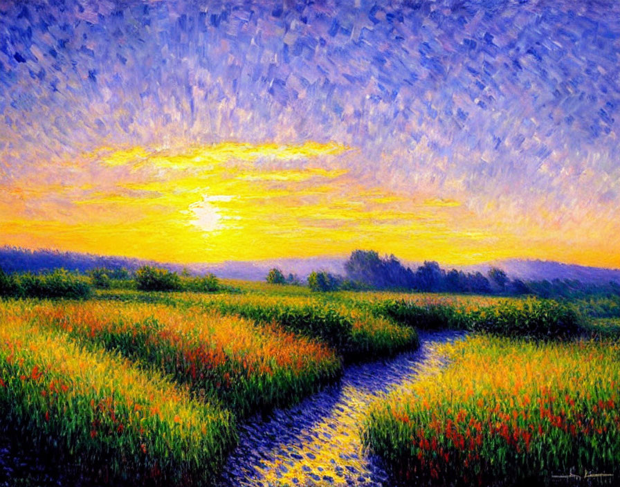 Colorful sunset painting over river and field with dynamic brushstrokes