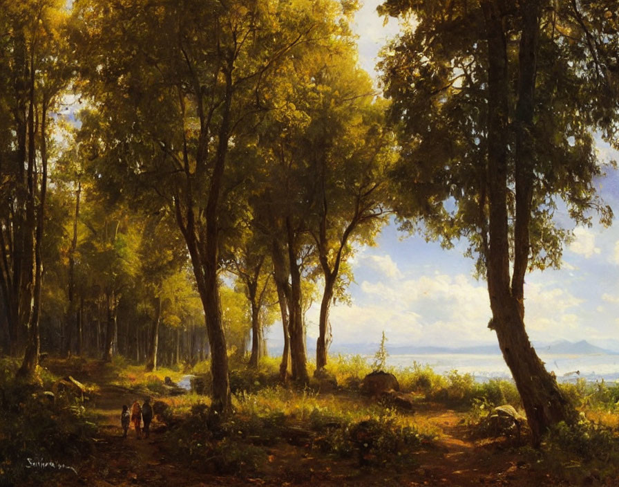 Tranquil landscape with tall trees, sunlight, path, and figures walking