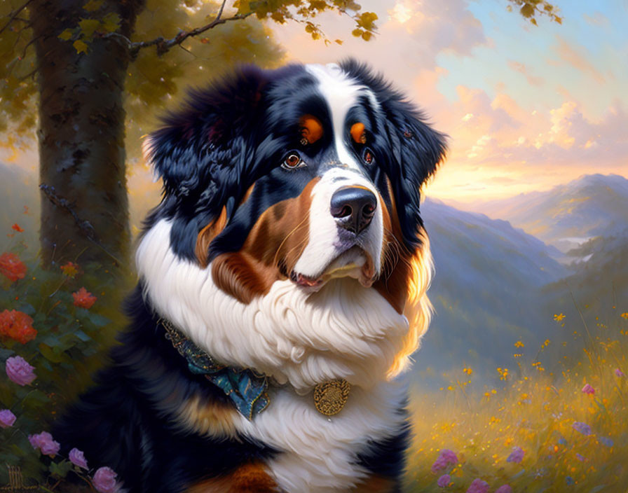 Bernese Mountain Dog in sunset-lit pastoral scene