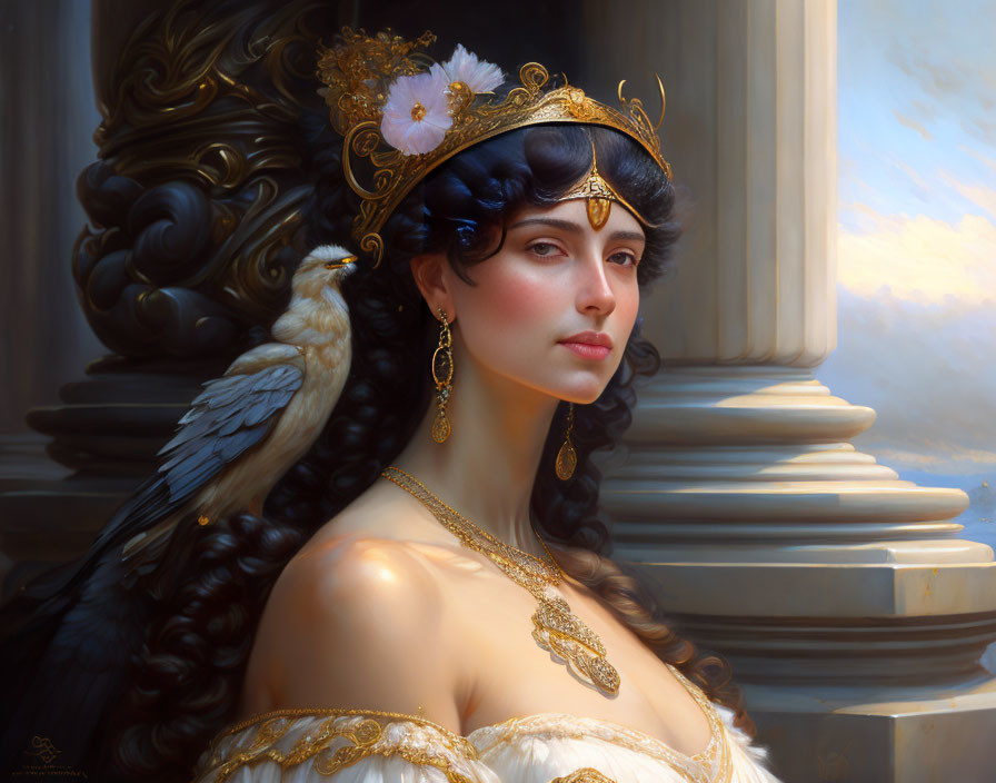 Regal woman with golden crown and white bird near classical columns