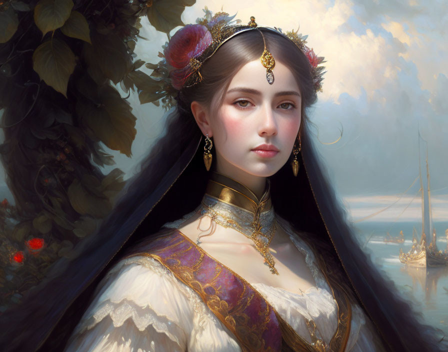 Digital painting of woman in Renaissance dress with maritime backdrop