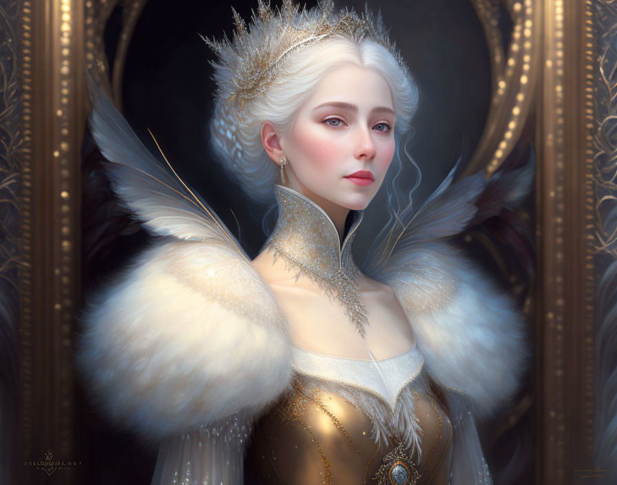 Regal woman with pale skin, white hair, ornate crown, and luxurious gown