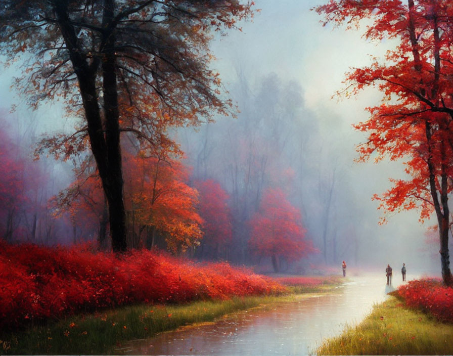 Tranquil autumn landscape with red trees, mist, and couple by river