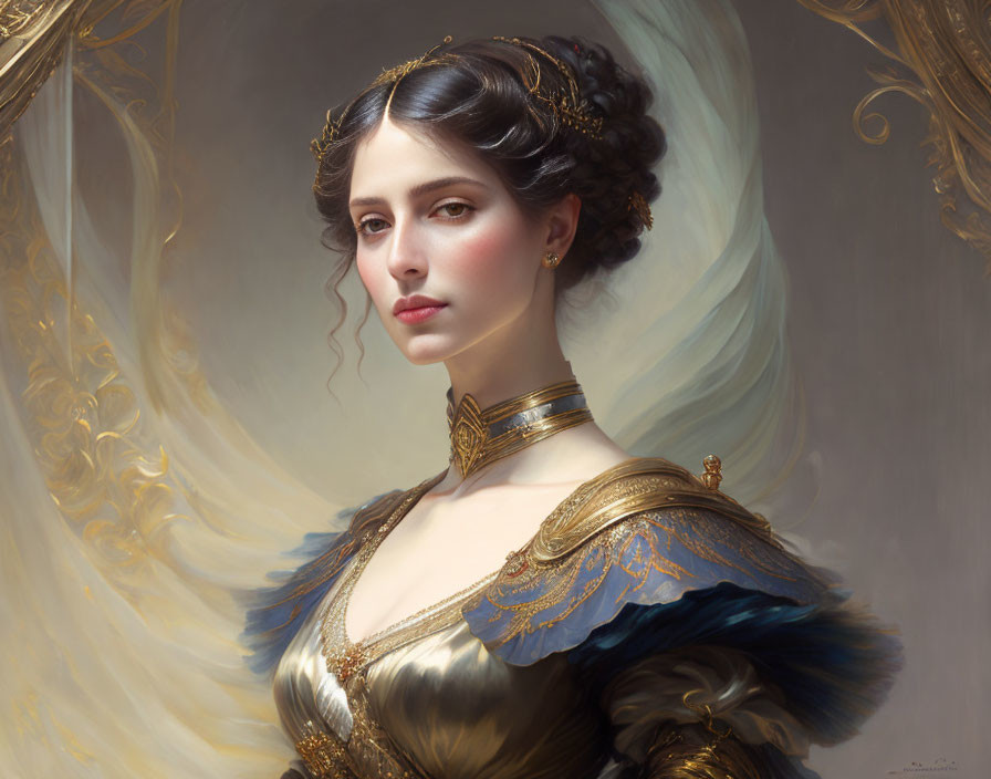 Classical hairstyle woman in gold and blue dress with serene gaze amid golden swirls