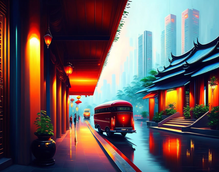 Illustration: Traditional Asian architecture meets modern skyscrapers with red bus and lanterns