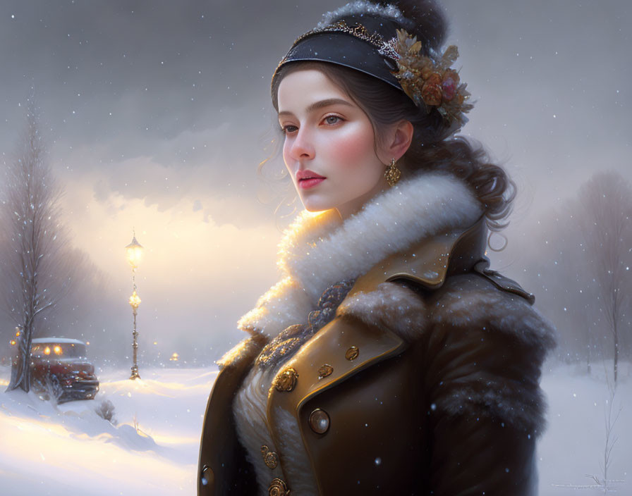 Woman in elegant winter attire under softly lit streetlamp