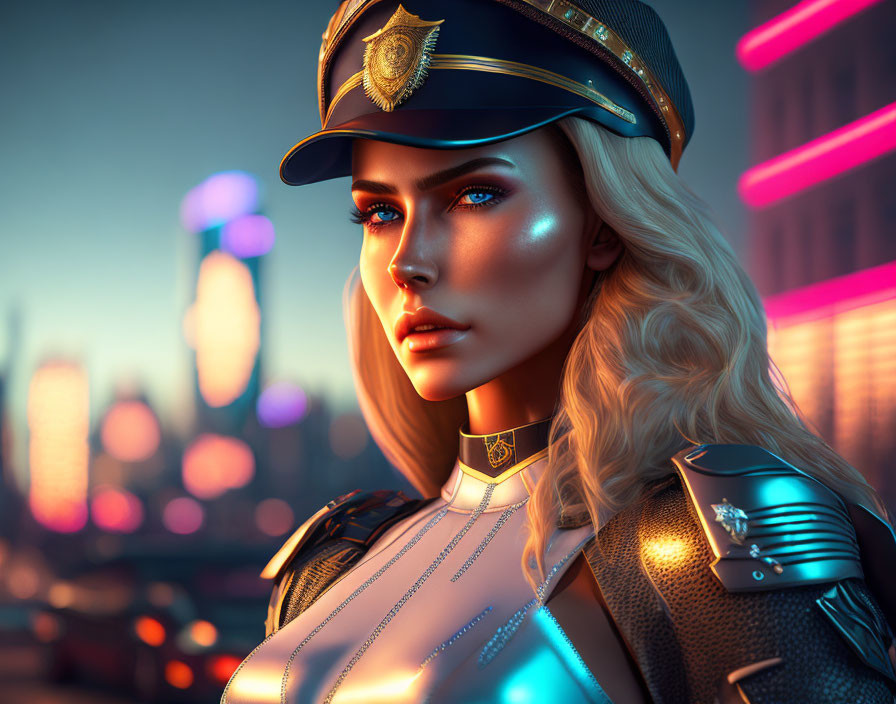 Blonde Woman in Futuristic Police Uniform in Neon Cityscape