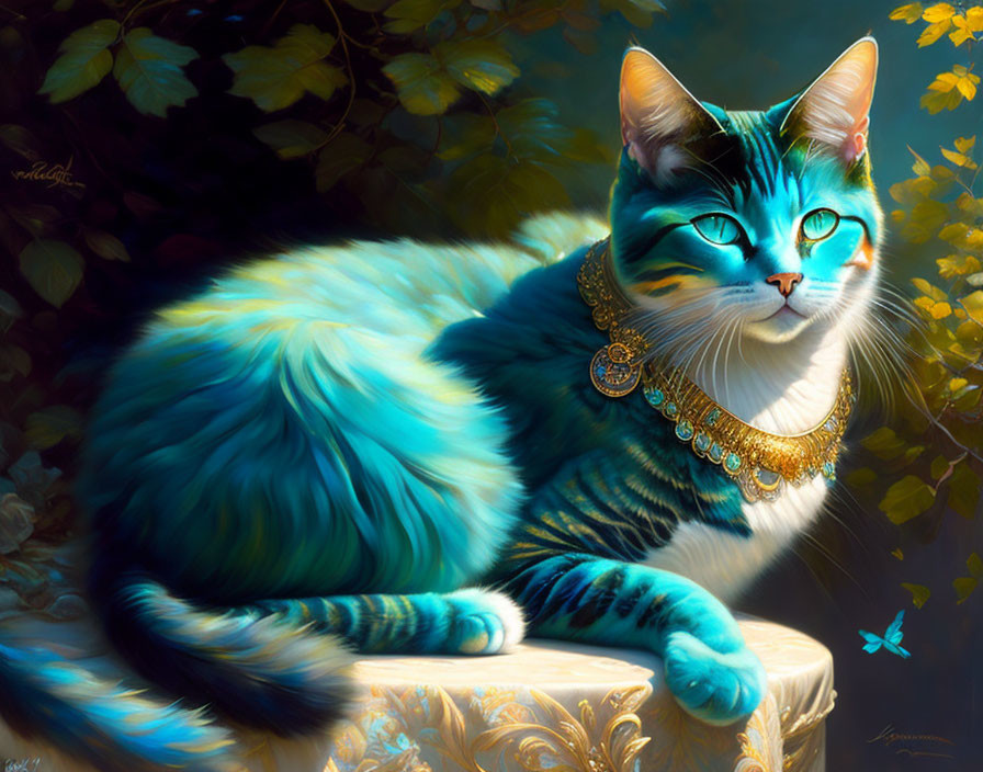 Fantasy cat with blue fur and gold jewelry in lush setting