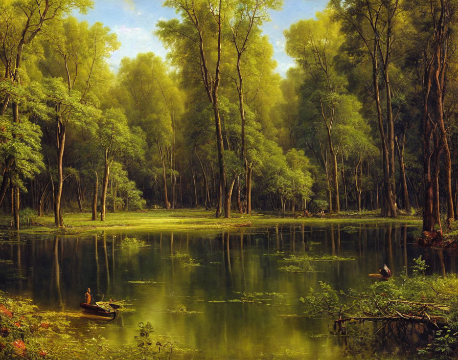 Tranquil Lake Scene with Forest and Paddler