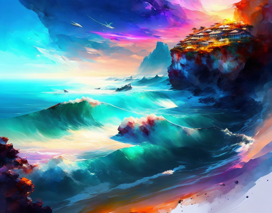 Colorful digital artwork: Vibrant waves under dynamic sky