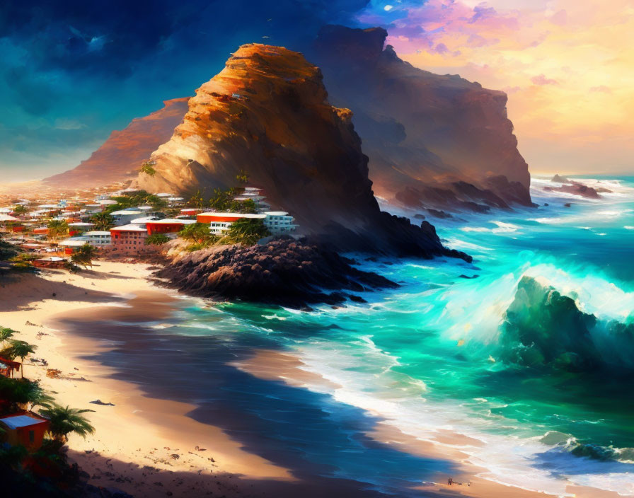 Coastal village under towering cliff with crashing waves at sunset