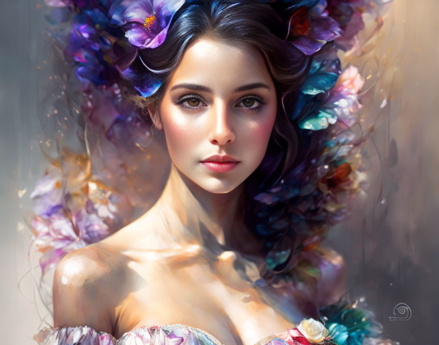 Colorful Floral Adorned Woman in Surreal Digital Portrait