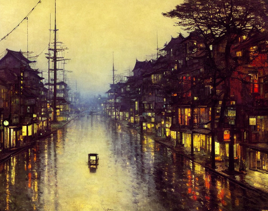 Traditional Street Painting: Dusk Scene with Warm Light Reflections