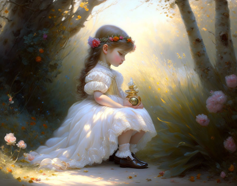 Young girl in white dress with lantern in sunlit forest surrounded by flowers