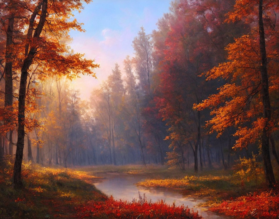 Tranquil Autumn Forest Path with Vibrant Red and Orange Leaves