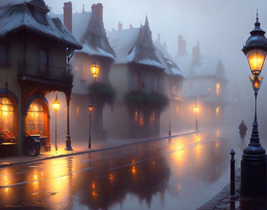 Foggy Dusk Street with Vintage Lamps & Glowing Buildings